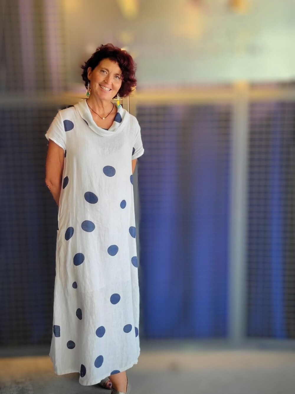 Linen Luv White Navy Polka Dot Cowl Neck Linen Maxi Dress Pockets Small